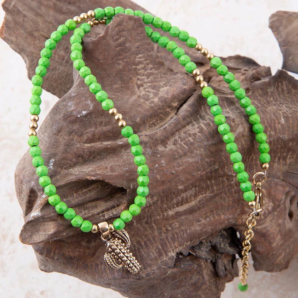 Charmed Cactus Lime Green Turquoise Golden Pendant Necklace by Barse Jewelry