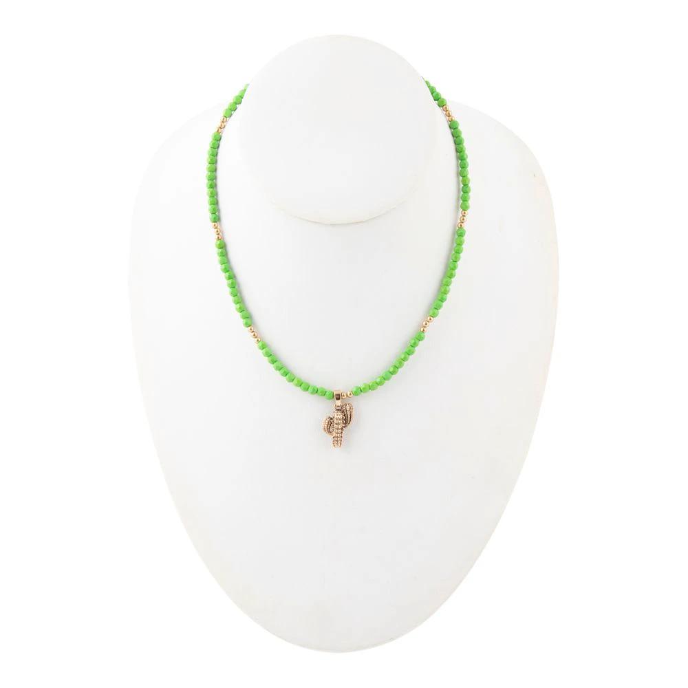Charmed Cactus Lime Green Turquoise Golden Pendant Necklace by Barse Jewelry