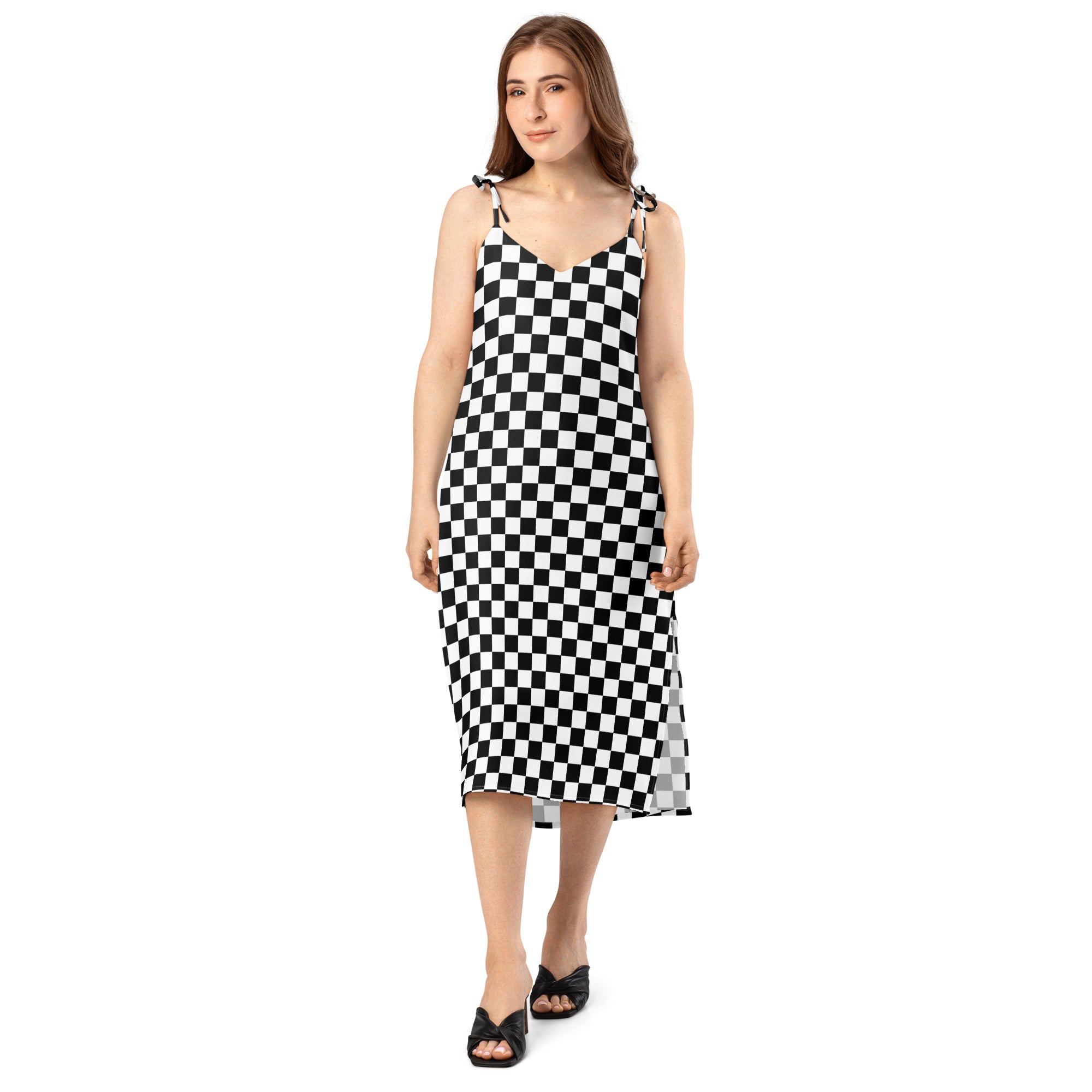 Checkerboard Black and white Tie - strap midi dress