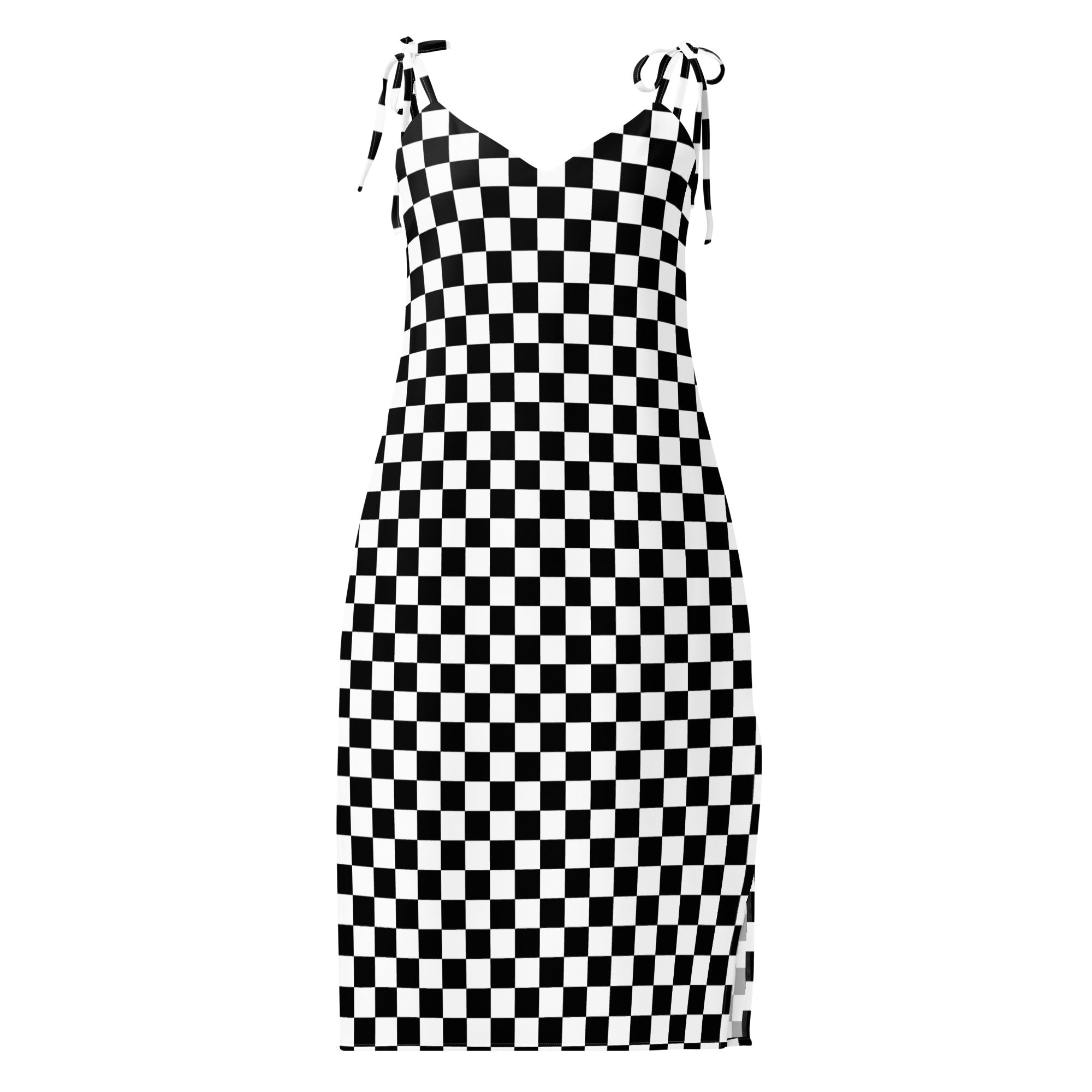 Checkerboard Black and white Tie - strap midi dress