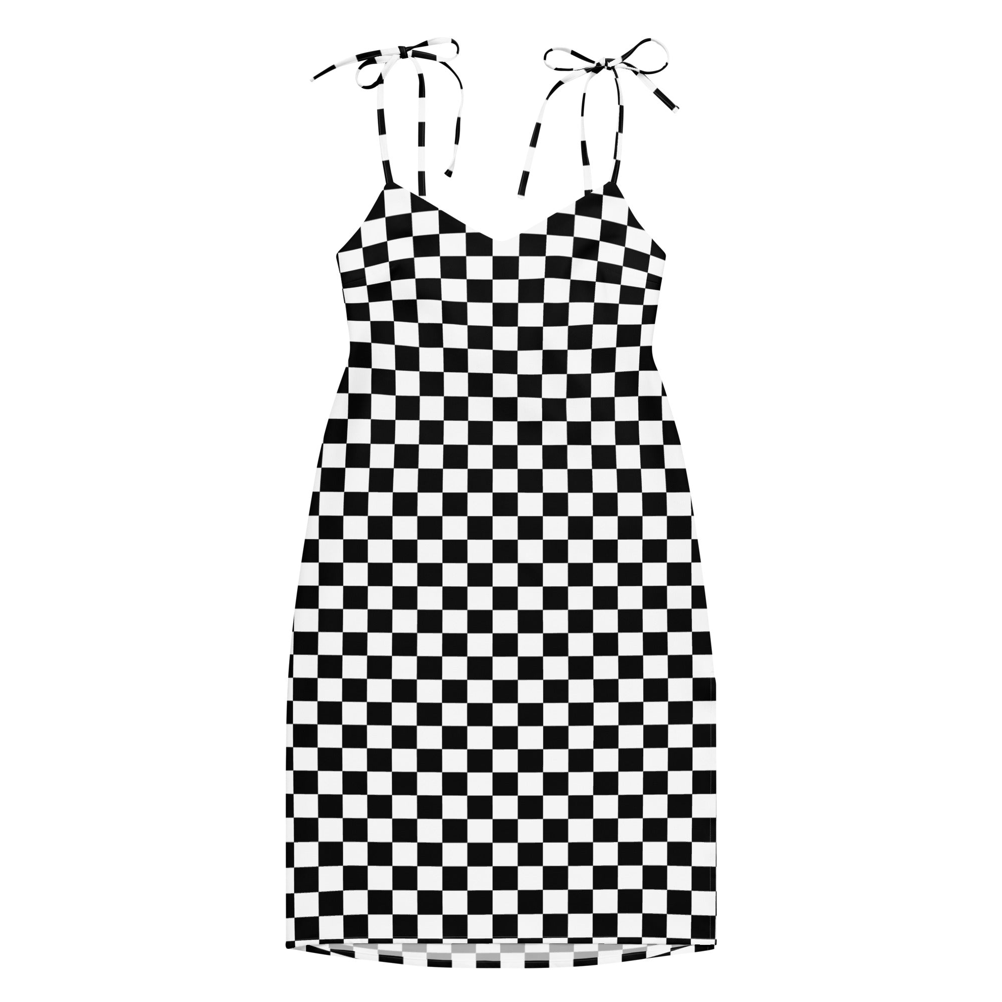 Checkerboard Black and white Tie - strap midi dress