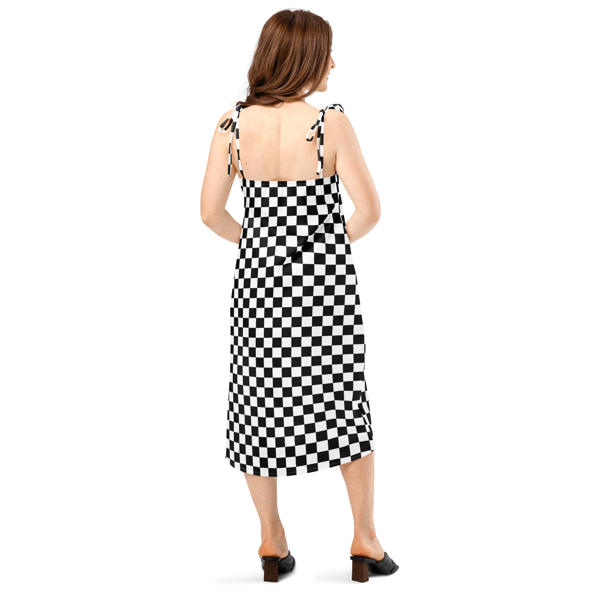 Checkerboard Black and white Tie - strap midi dress