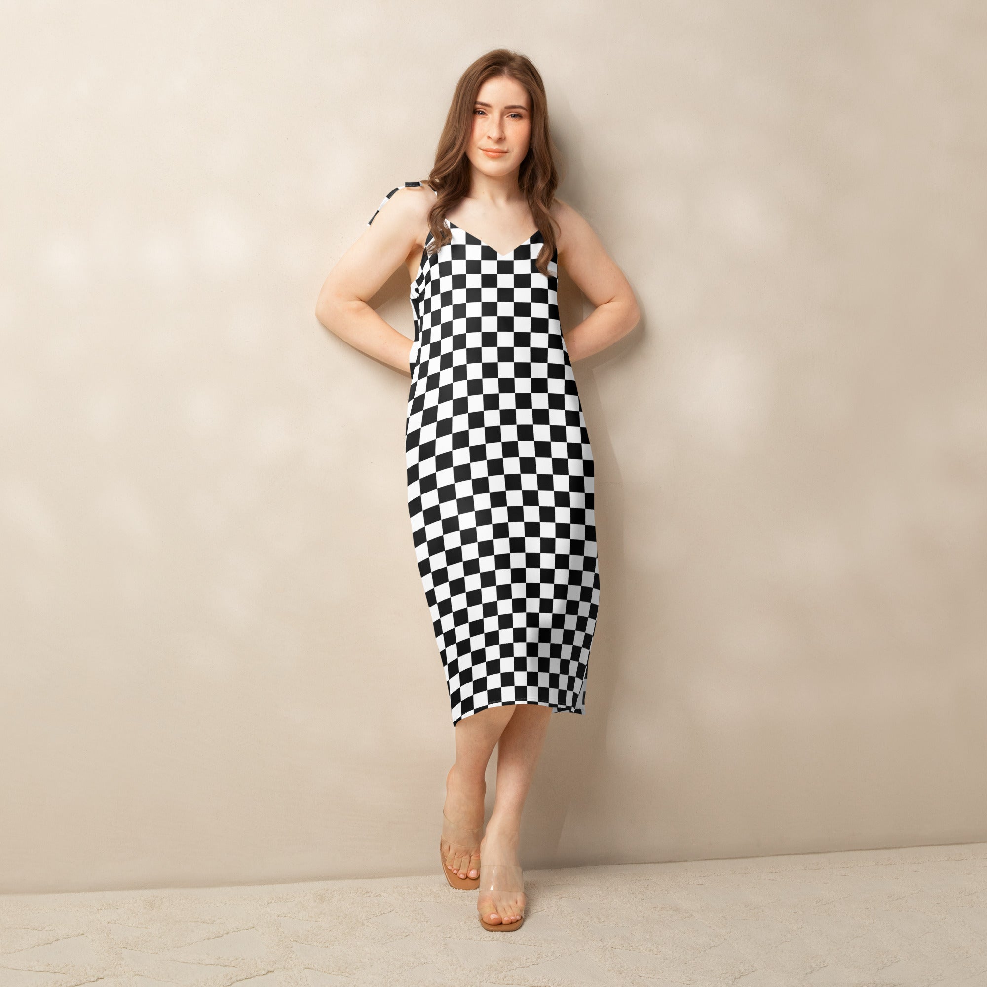 Checkerboard Black and white Tie - strap midi dress