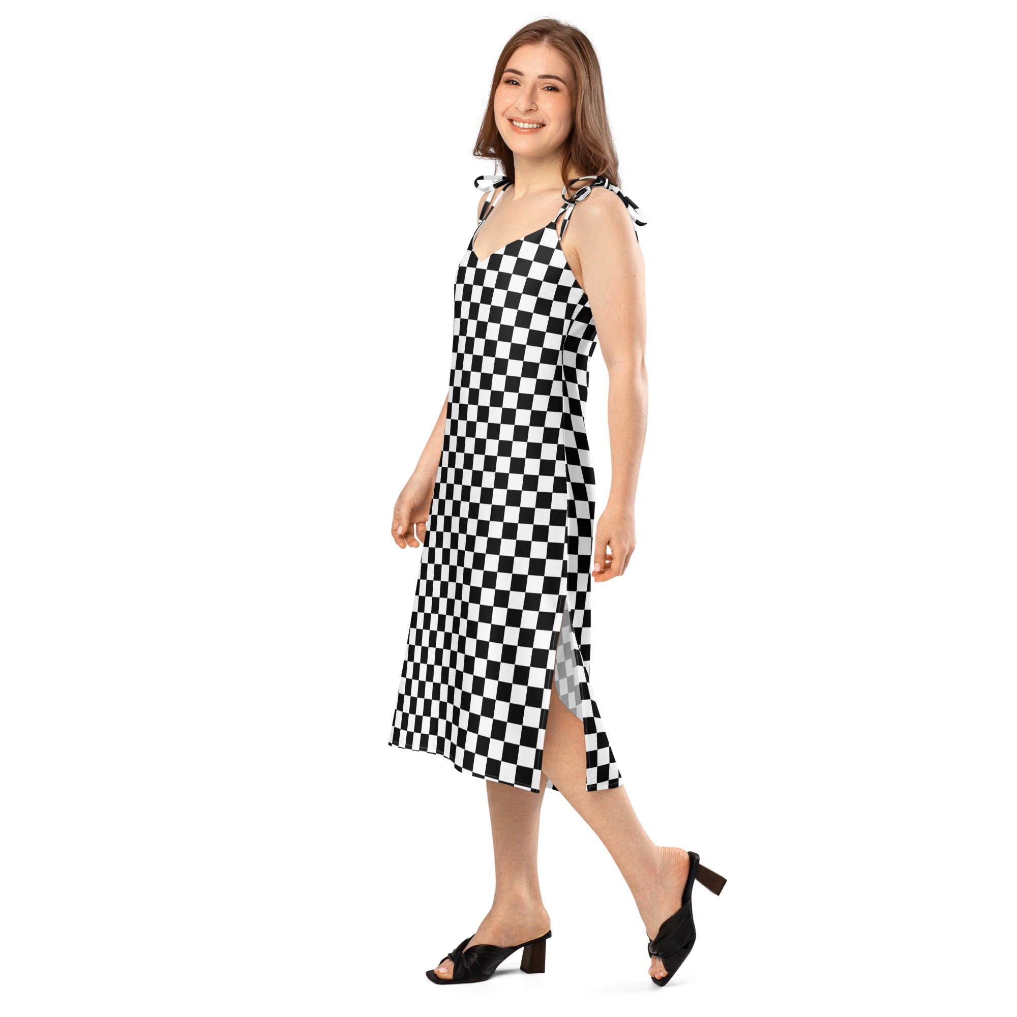 Checkerboard Black and white Tie - strap midi dress