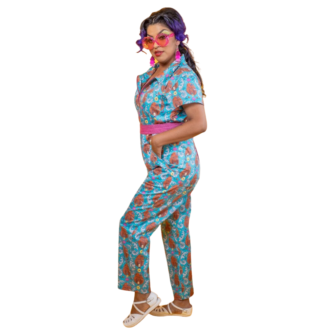 Cheeky Tiki Monkeys Jumpsuit in Blue Hawaiian Jumpsuit La Vie Bien Cheeky Tiki Monkeys Jumpsuit in Blue Hawaiian