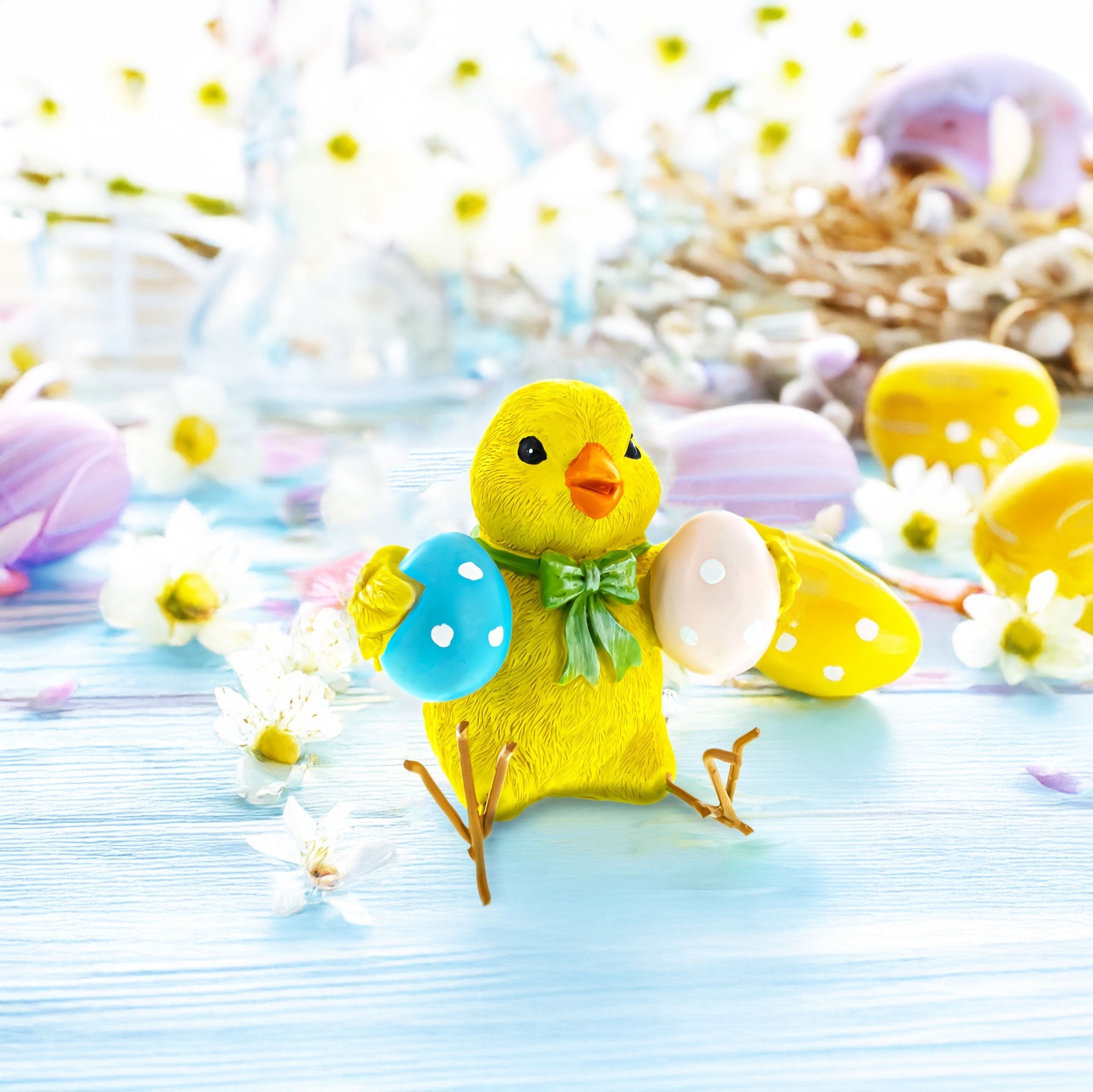 Cheerful Chick Holding Colorful Easter Polka Dot Eggs Figurine 3.2 Inches Tall Easter > Figurines La Vie Bien Cheerful Chick Holding Colorful Easter Polka Dot Eggs Figurine 3.2 Inches Tall