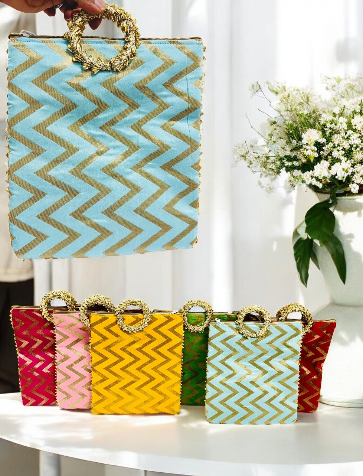 Chevron Print Silk Bags with Zipper & Round Handle, Set of 6 Traditional Gifts La Vie Bien Chevron Print Silk Bags with Zipper & Round Handle, Set of 6