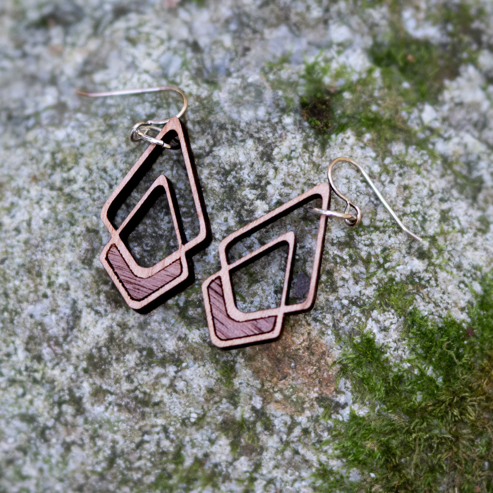 Chevron Wood Earrings – Walnut/Maple Inlay, Gold plated earwire