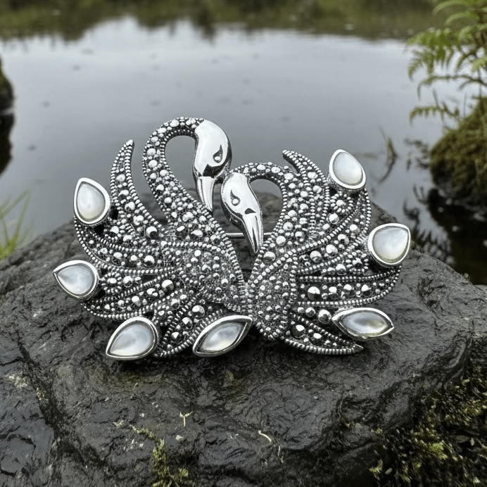 Children of Lir Marcasite Swan Brooch in Sterling Silver Brooch La Vie Bien Children of Lir Marcasite Swan Brooch in Sterling Silver