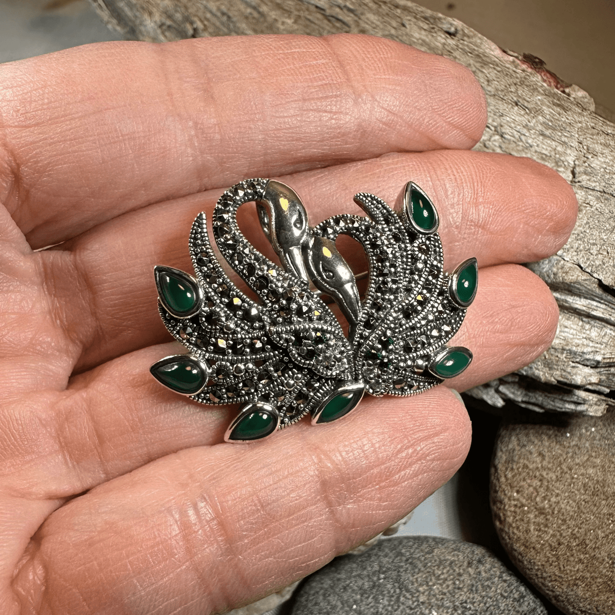 Children of Lir Marcasite Swan Brooch in Sterling Silver Brooch La Vie Bien Children of Lir Marcasite Swan Brooch in Sterling Silver