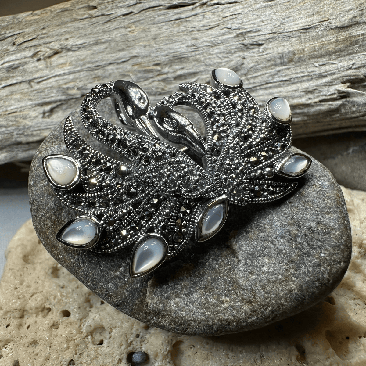 Children of Lir Marcasite Swan Brooch in Sterling Silver Brooch La Vie Bien Children of Lir Marcasite Swan Brooch in Sterling Silver