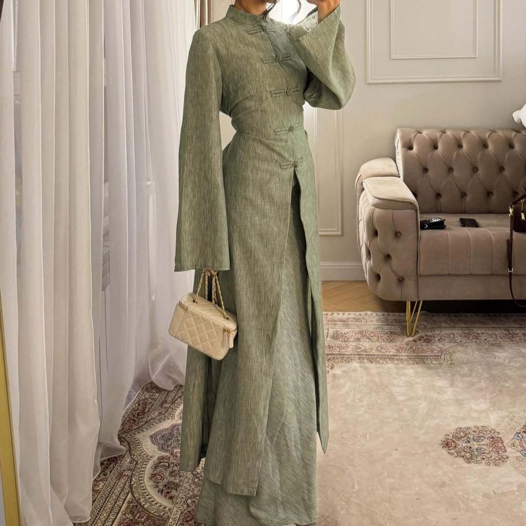 Chinese Frog Button Stand Collar Top & Wide-Leg Maxi Skirt Co-ord Set(MS483) La Vie Bien Chinese Frog Button Stand Collar Top & Wide-Leg Maxi Skirt Co-ord Set(MS483)