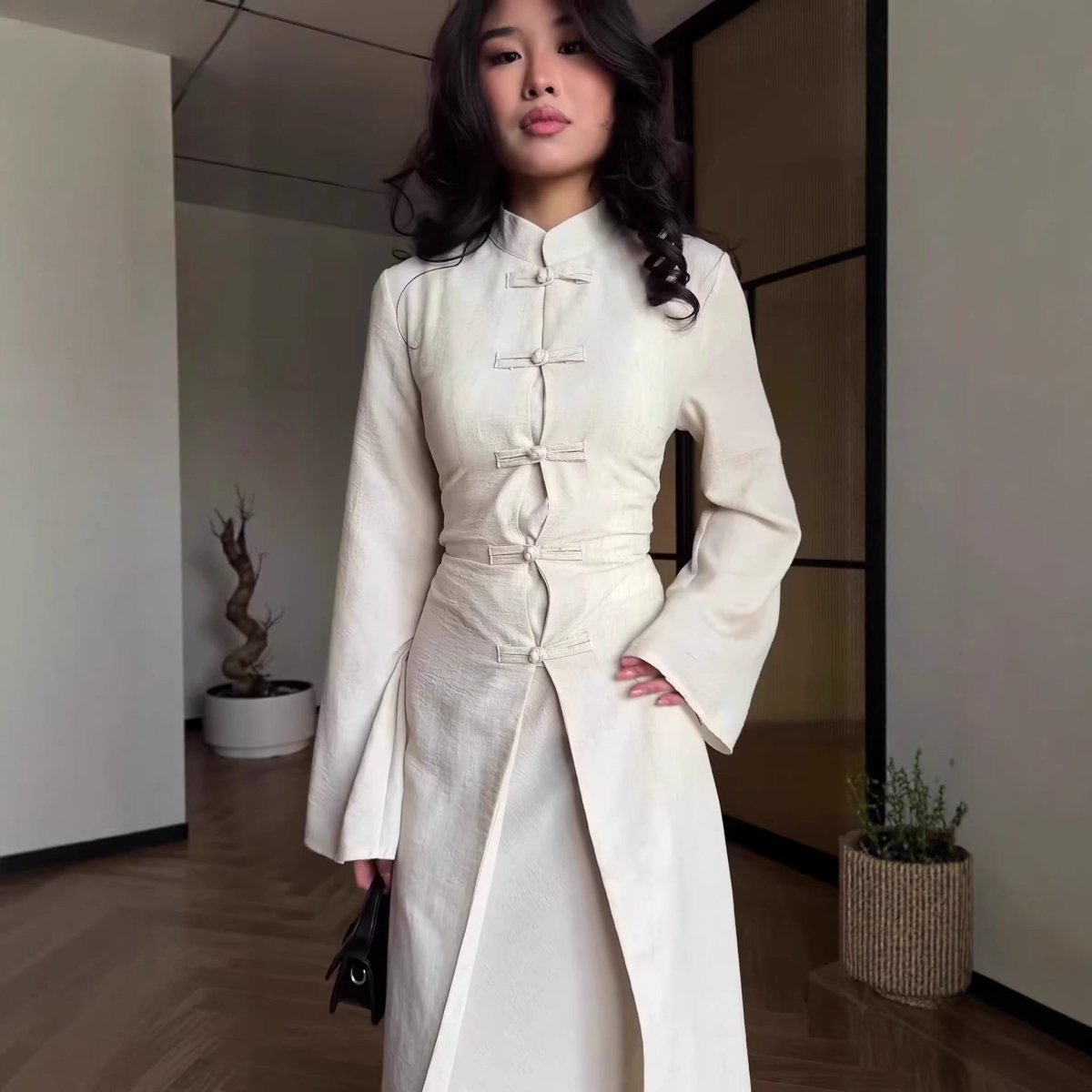 Chinese Frog Button Stand Collar Top & Wide-Leg Maxi Skirt Co-ord Set(MS483) La Vie Bien Chinese Frog Button Stand Collar Top & Wide-Leg Maxi Skirt Co-ord Set(MS483)
