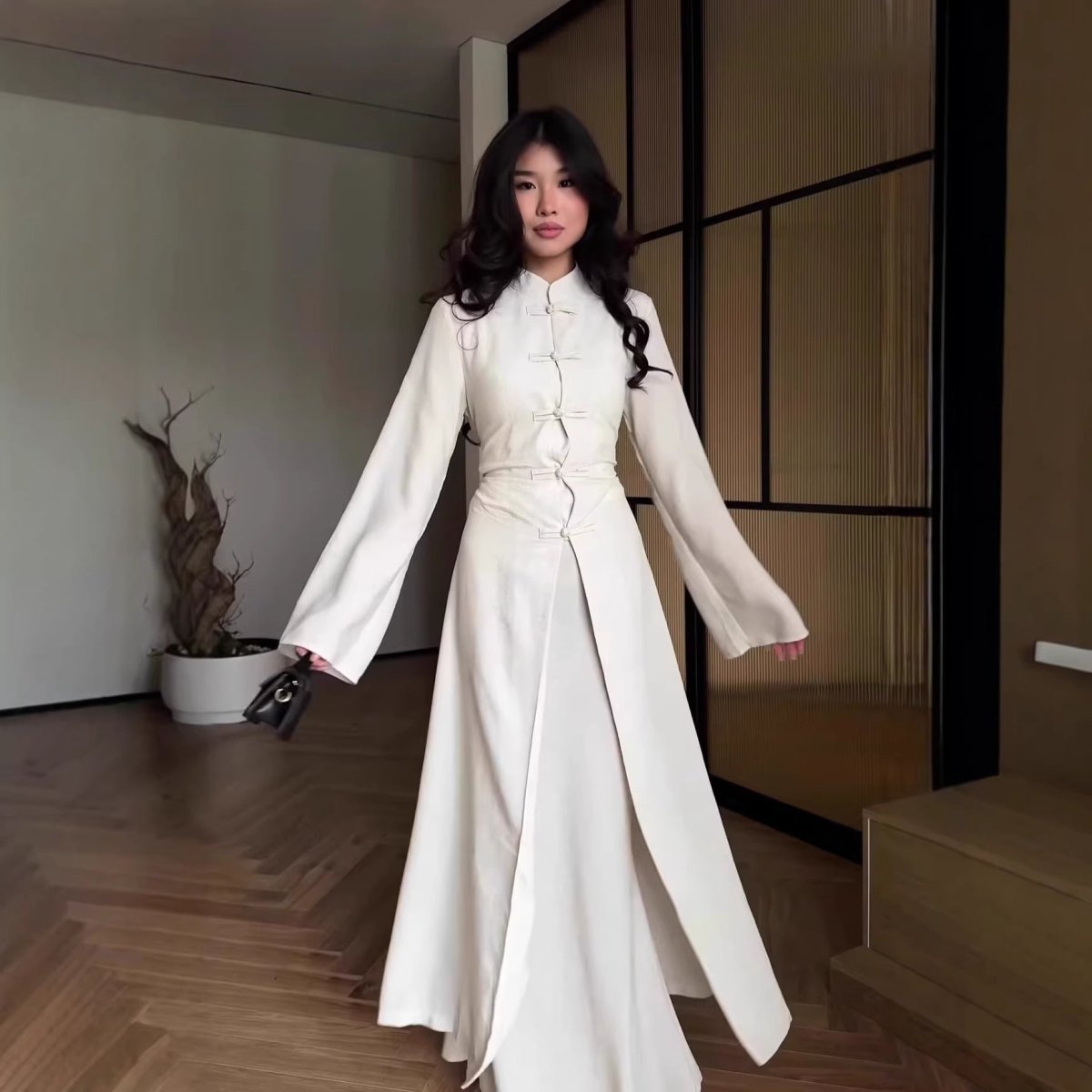 Chinese Frog Button Stand Collar Top & Wide-Leg Maxi Skirt Co-ord Set(MS483) La Vie Bien Chinese Frog Button Stand Collar Top & Wide-Leg Maxi Skirt Co-ord Set(MS483)