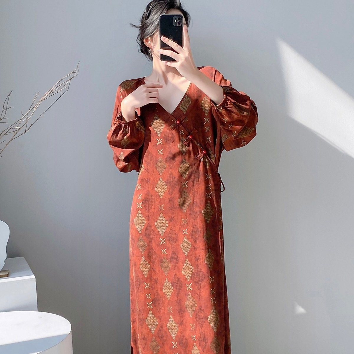 Chinese Style Jacquard & Print Maxi Wrap Dress(MS424) La Vie Bien Chinese Style Jacquard & Print Maxi Wrap Dress(MS424)