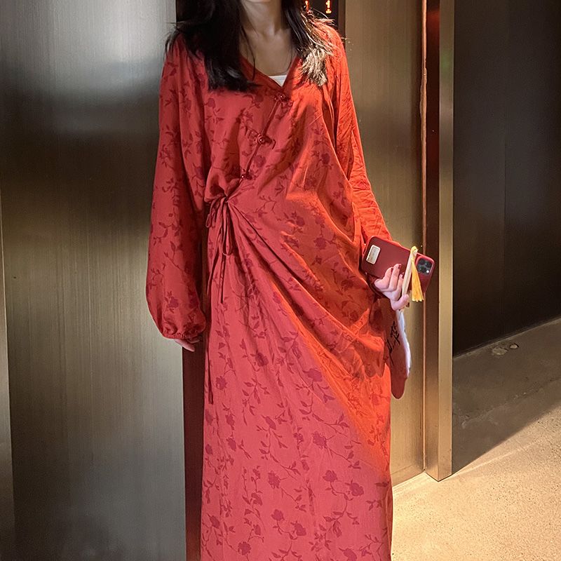 Chinese Style Jacquard & Print Maxi Wrap Dress(MS424) La Vie Bien Chinese Style Jacquard & Print Maxi Wrap Dress(MS424)