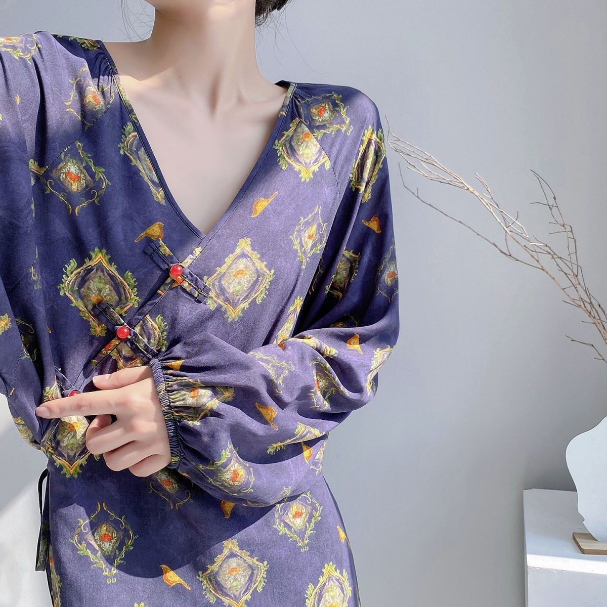 Chinese Style Jacquard & Print Maxi Wrap Dress(MS424) La Vie Bien Chinese Style Jacquard & Print Maxi Wrap Dress(MS424)