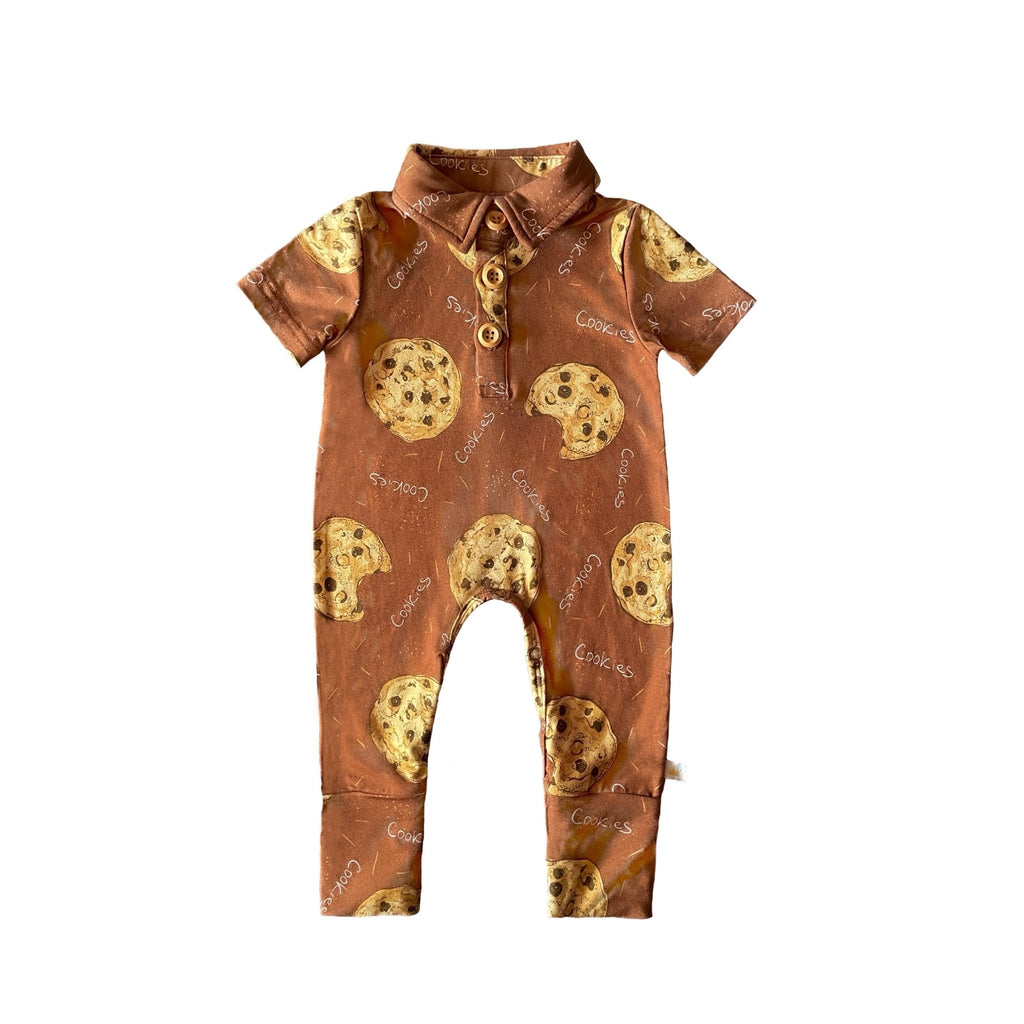 Chocolate Chip Cookies Short Sleeve Collared Romper Onesie La Vie Bien Chocolate Chip Cookies Short Sleeve Collared Romper