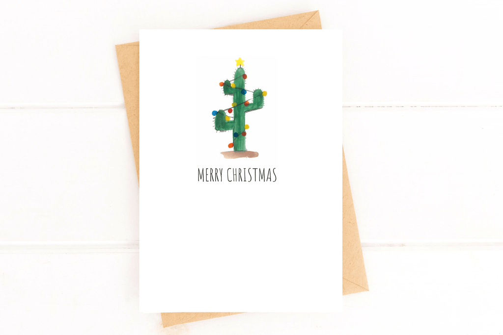 Christmas Cactus Holiday Card Set, Succulent Card, Simple Watercolor Cactus Card by Five Dot Post