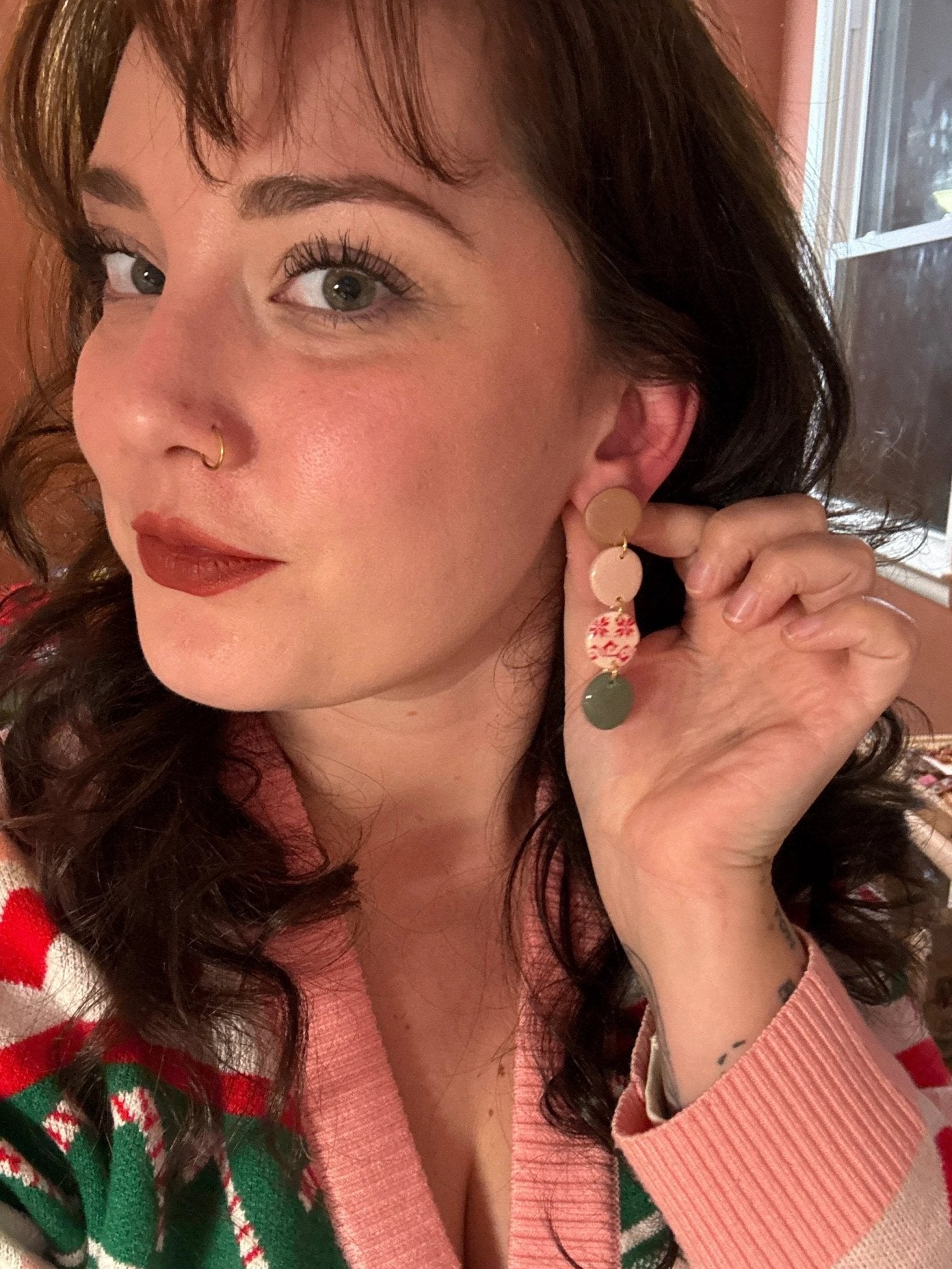 Christmas Color Palette earrings, 14k gold plated nickel free, handmade with polymer clay
