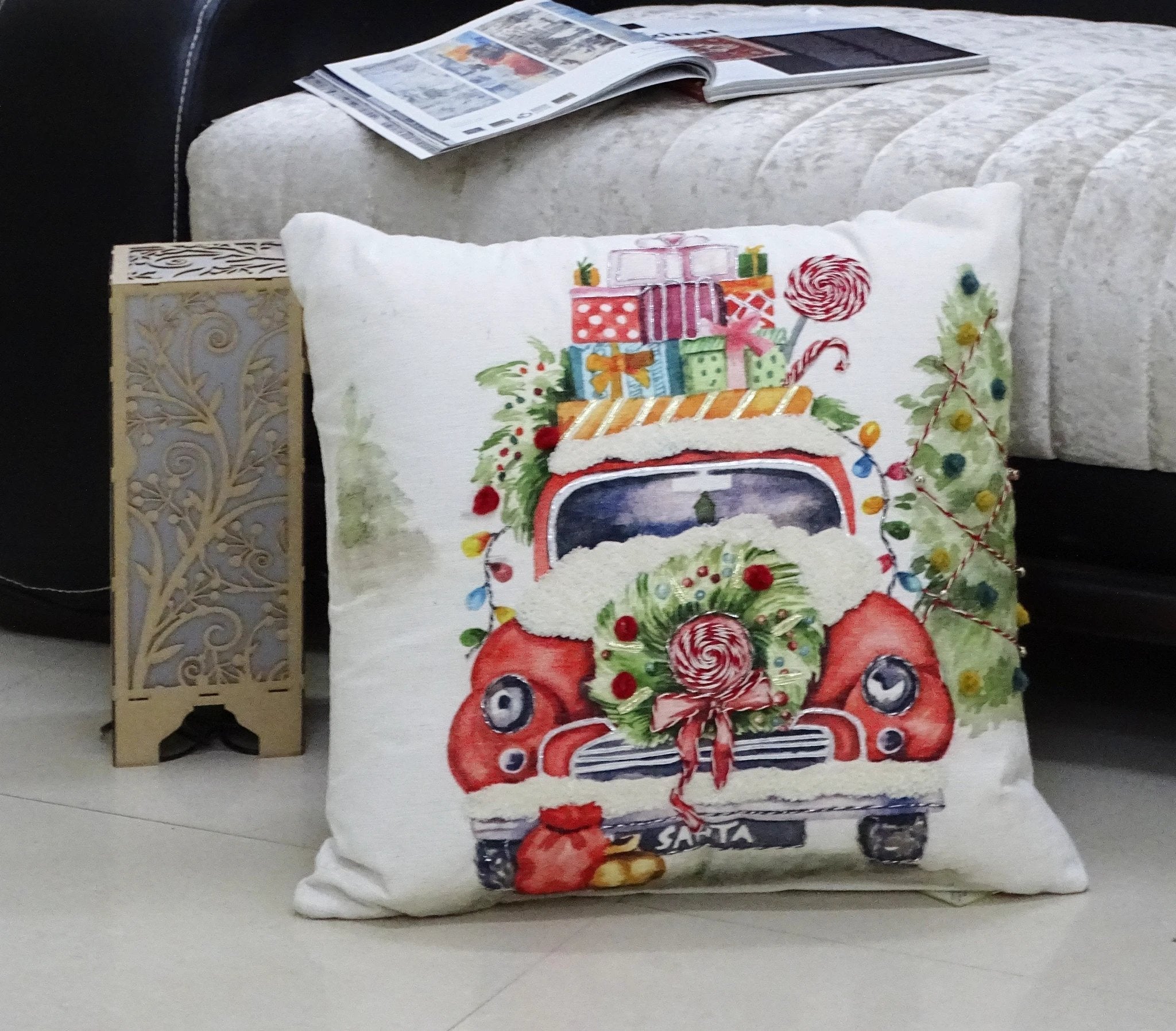 Christmas Embroidered Throw Pillow 20" x 20" by Vibhsa