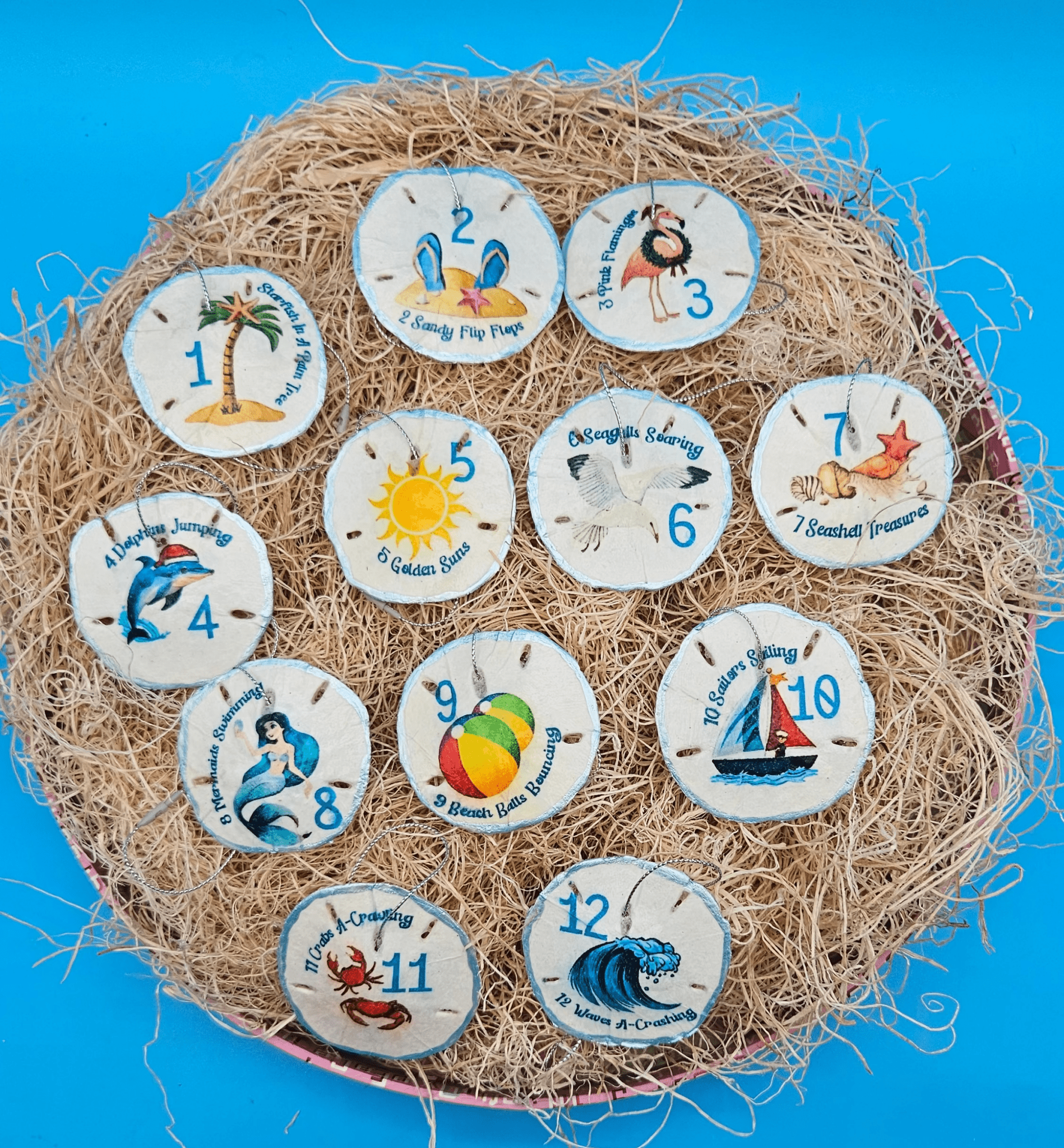 Christmas Ornament Set – Coastal & Traditional Sand Dollar “12 Days of Christmas” Handcrafted Holiday Decor Christmas La Vie Bien Christmas Ornament Set – Coastal & Traditional Sand Dollar “12 Days of Christmas” Handcrafted Holiday Decor