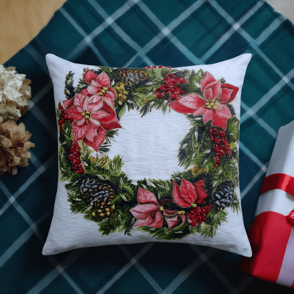Christmas Wreath Decorative Throw Pillow 20" x 20" by Vibhsa