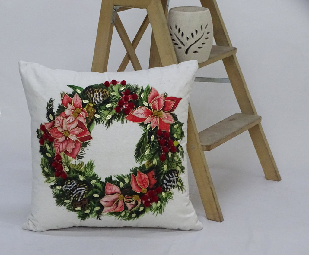 Christmas Wreath Decorative Throw Pillow 20" x 20" by Vibhsa