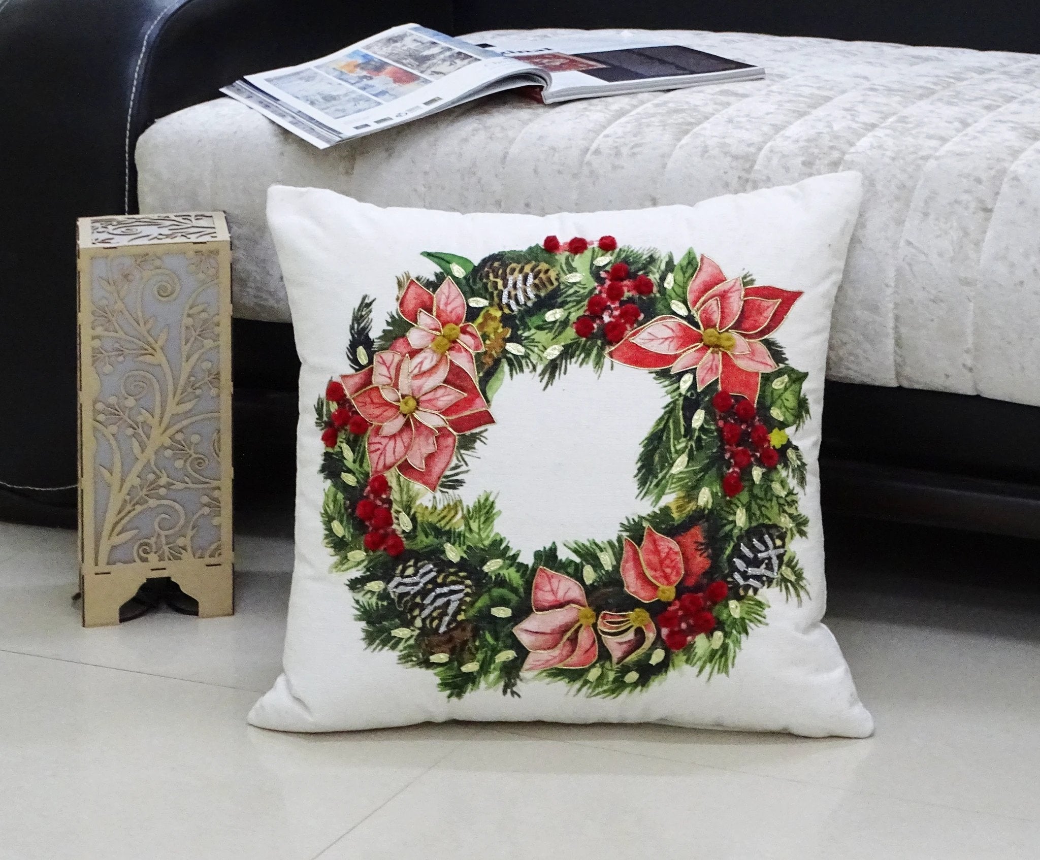 Christmas Wreath Decorative Throw Pillow 20" x 20" by Vibhsa