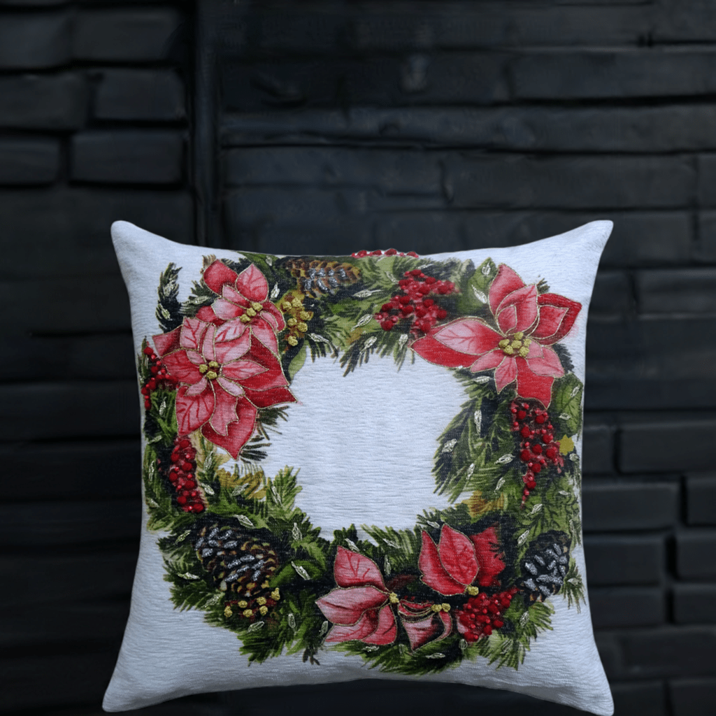 Christmas Wreath Decorative Throw Pillow 20" x 20" by Vibhsa