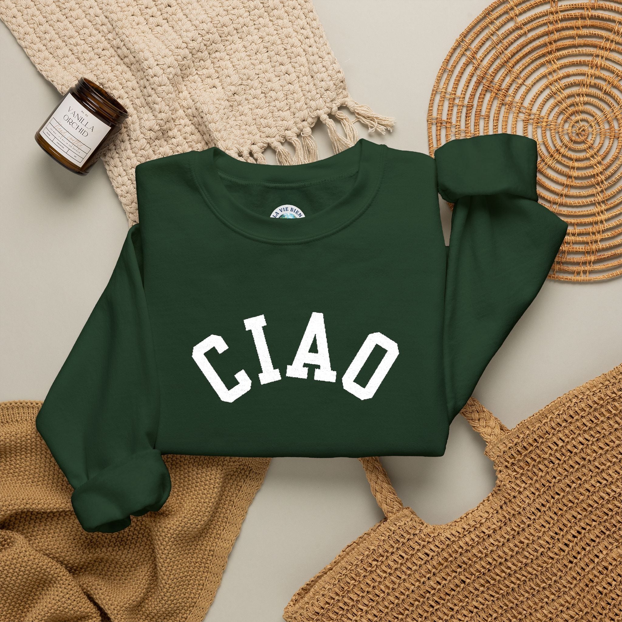 Ciao embroidered Italian Crewneck Sweatshirt, Italian Greeting Graphic Pullover Sweatshirt La Vie Bien Ciao embroidered Italian Crewneck Sweatshirt, Italian Greeting Graphic Pullover