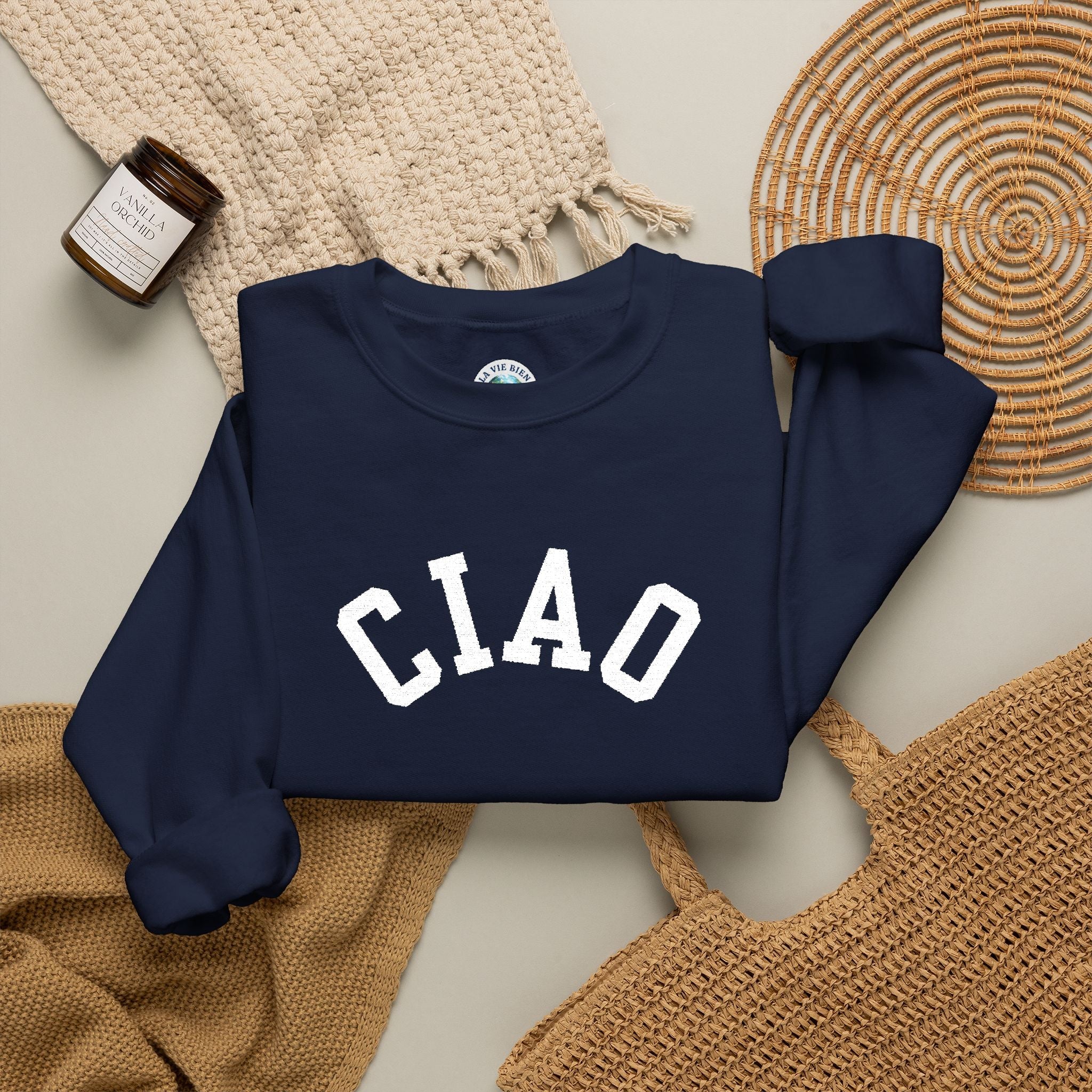Ciao embroidered Italian Crewneck Sweatshirt, Italian Greeting Graphic Pullover Sweatshirt La Vie Bien Ciao embroidered Italian Crewneck Sweatshirt, Italian Greeting Graphic Pullover