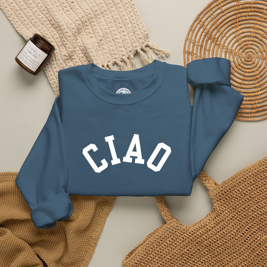 Ciao embroidered Italian Crewneck Sweatshirt, Italian Greeting Graphic Pullover Sweatshirt La Vie Bien Ciao embroidered Italian Crewneck Sweatshirt, Italian Greeting Graphic Pullover