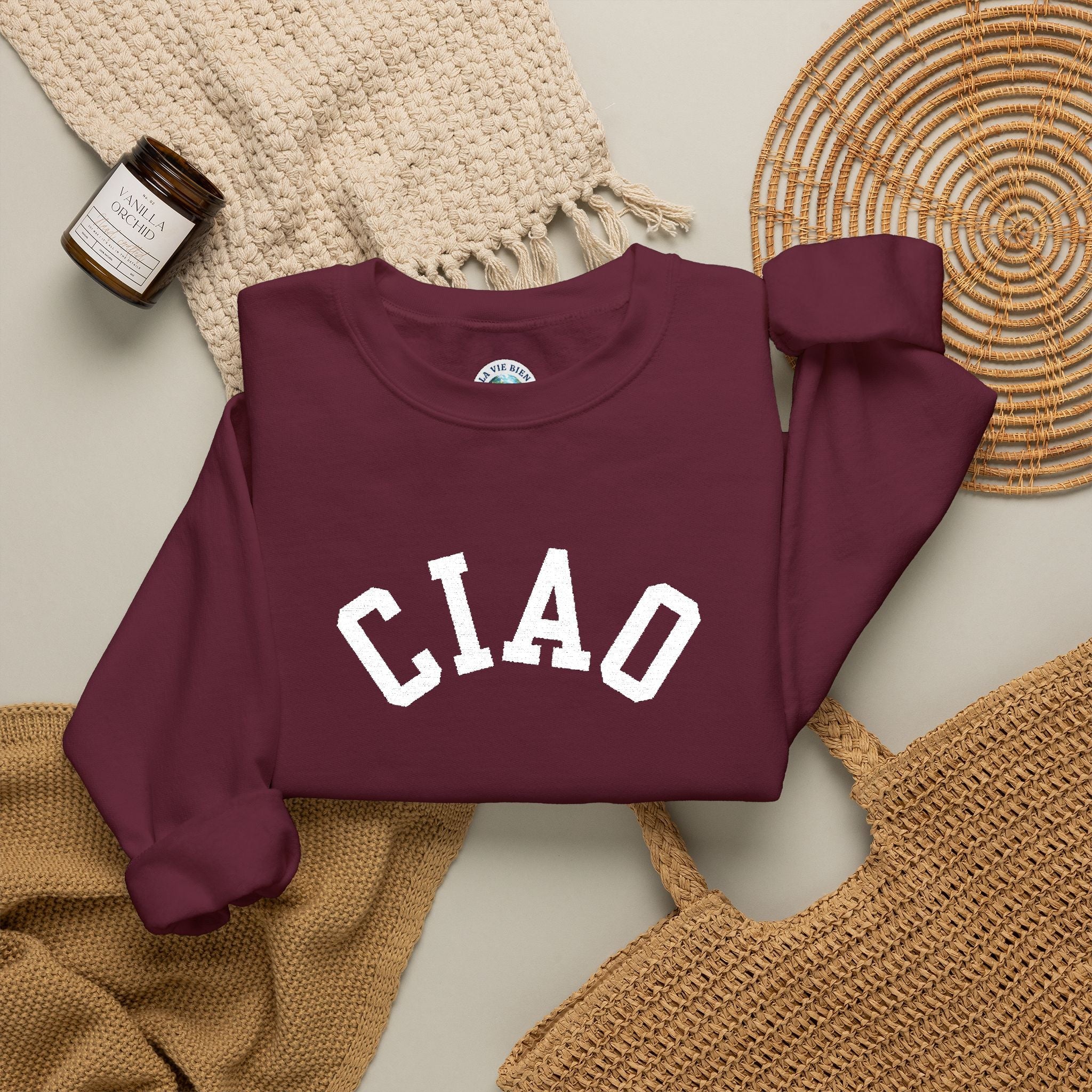 Ciao embroidered Italian Crewneck Sweatshirt, Italian Greeting Graphic Pullover Sweatshirt La Vie Bien Ciao embroidered Italian Crewneck Sweatshirt, Italian Greeting Graphic Pullover