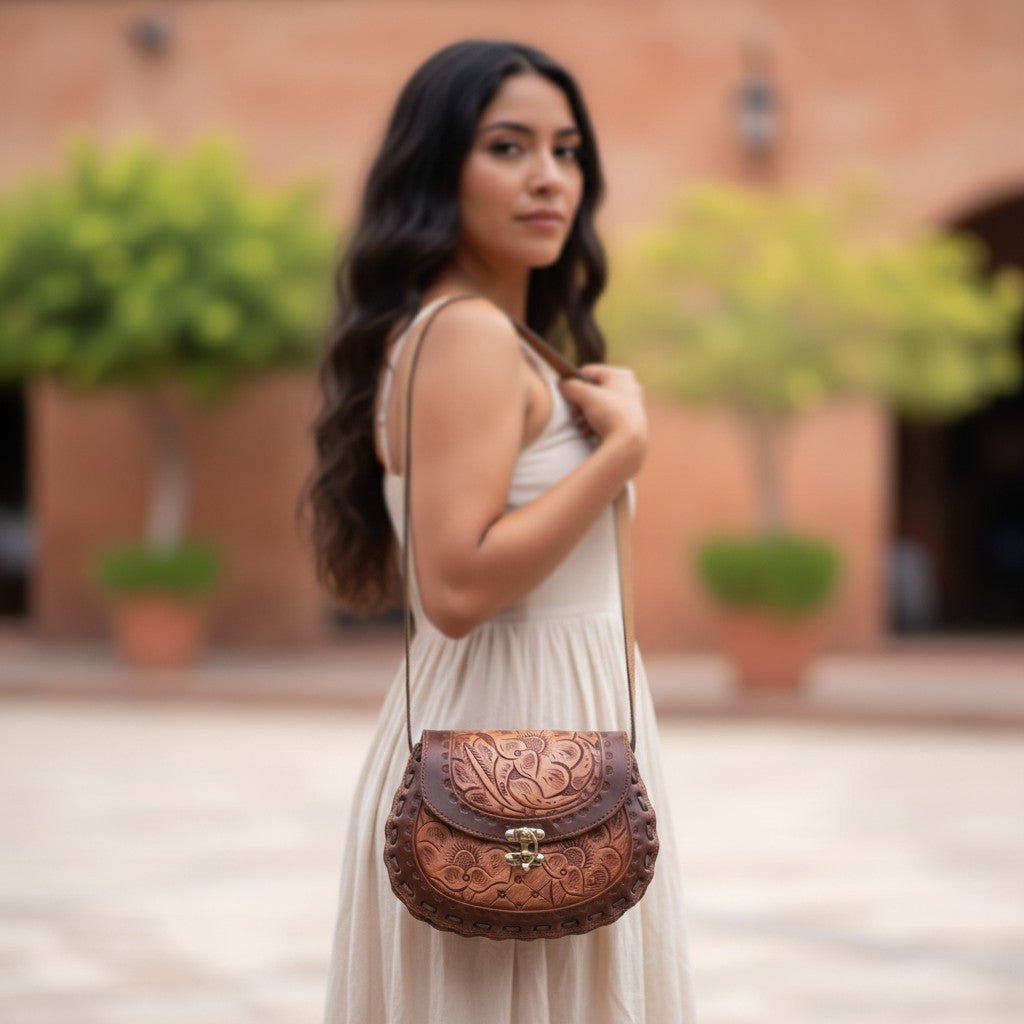 Cincelada Floral Leather Crossbody | Hand Tooled Saddle Purse Mexican Purse La Vie Bien Cincelada Floral Leather Crossbody | Hand Tooled Saddle Purse