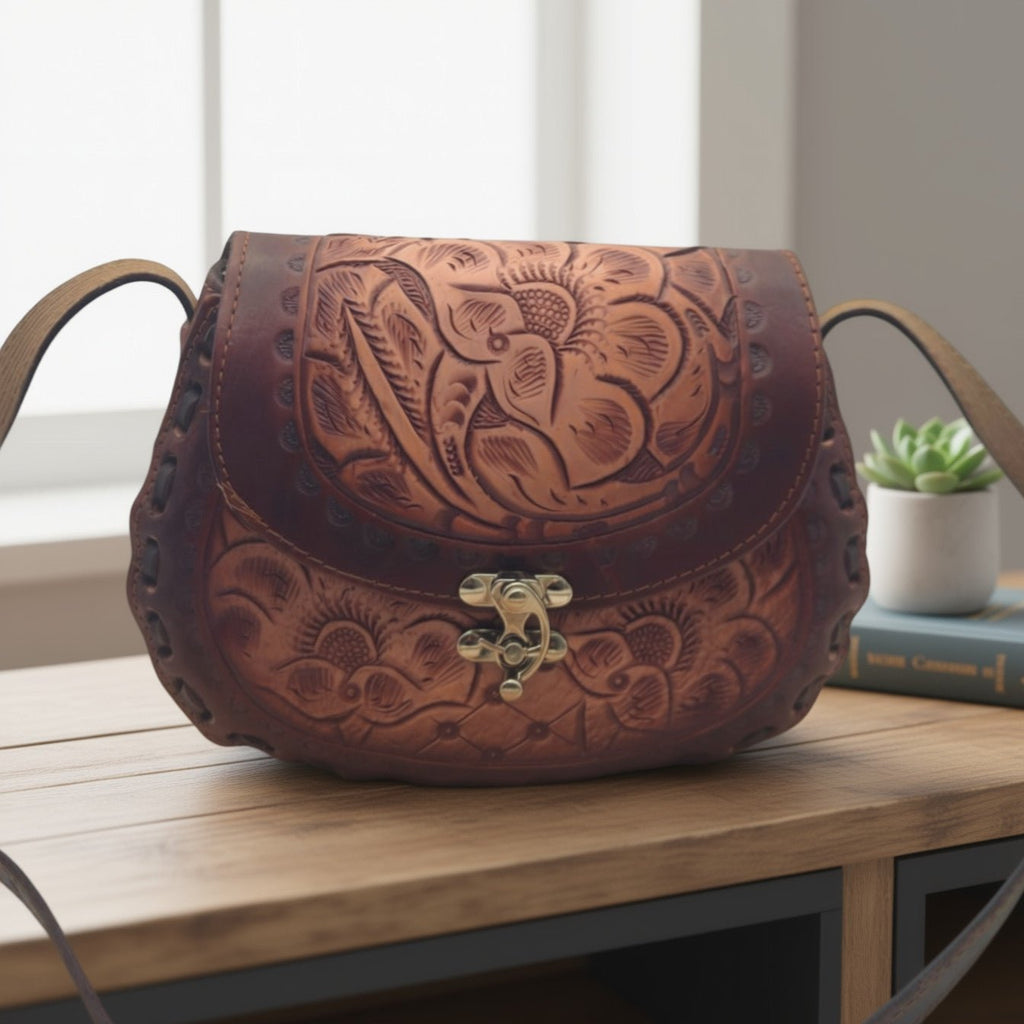 Cincelada Floral Leather Crossbody | Hand Tooled Saddle Purse Mexican Purse La Vie Bien Cincelada Floral Leather Crossbody | Hand Tooled Saddle Purse