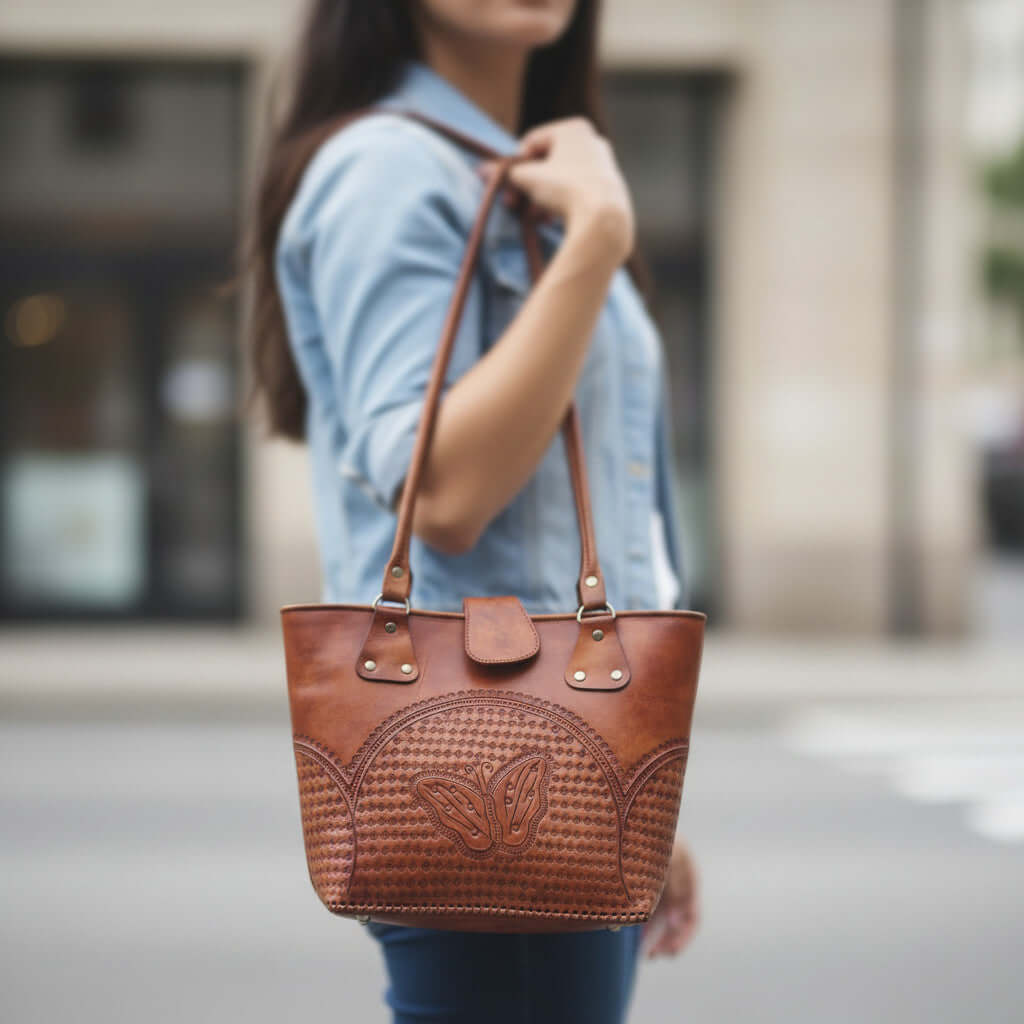 Cincelada Leather Tote | Hand Tooled Mexican Butterfly Bag Mexican Purse La Vie Bien Cincelada Leather Tote | Hand Tooled Mexican Butterfly Bag