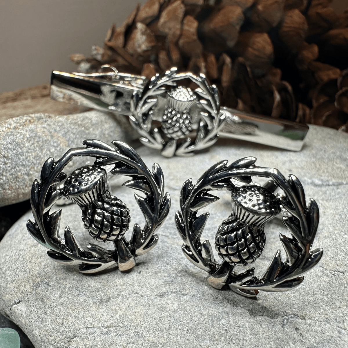 Classic Scottish Thistle Tie Bar & Cufflink Set Tie Bar La Vie Bien Classic Scottish Thistle Tie Bar & Cufflink Set