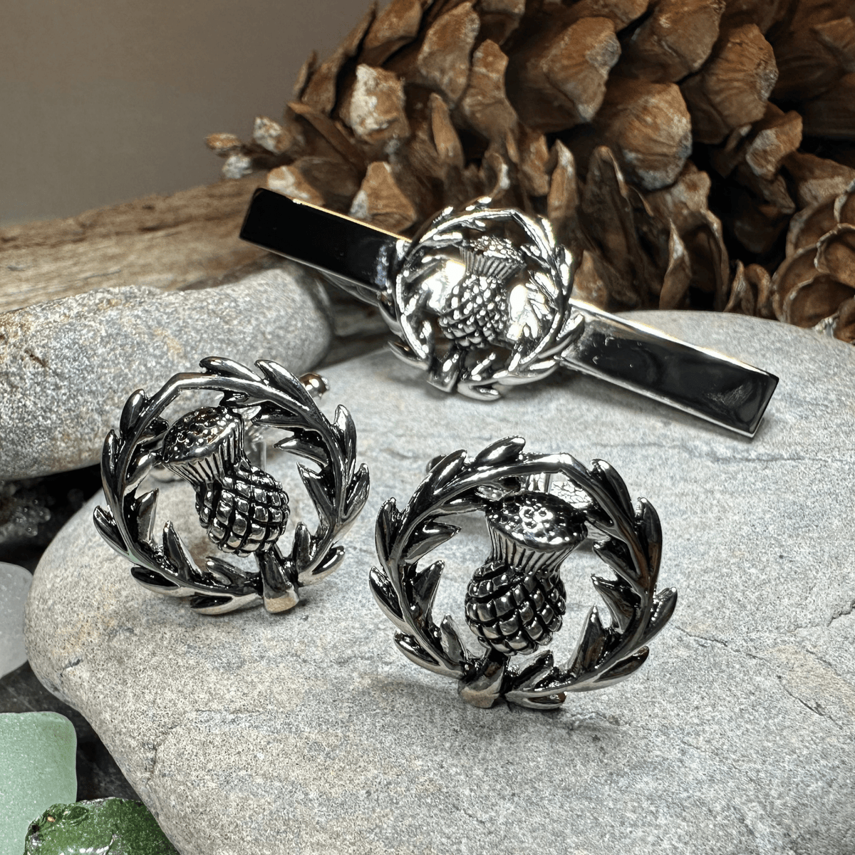 Classic Scottish Thistle Tie Bar & Cufflink Set Tie Bar La Vie Bien Classic Scottish Thistle Tie Bar & Cufflink Set