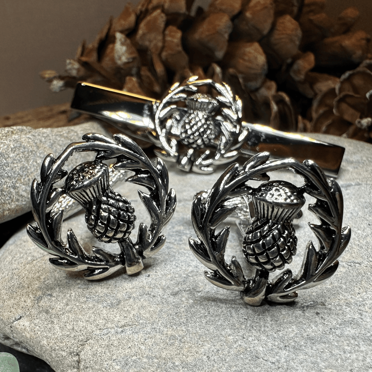 Classic Scottish Thistle Tie Bar & Cufflink Set Tie Bar La Vie Bien Classic Scottish Thistle Tie Bar & Cufflink Set