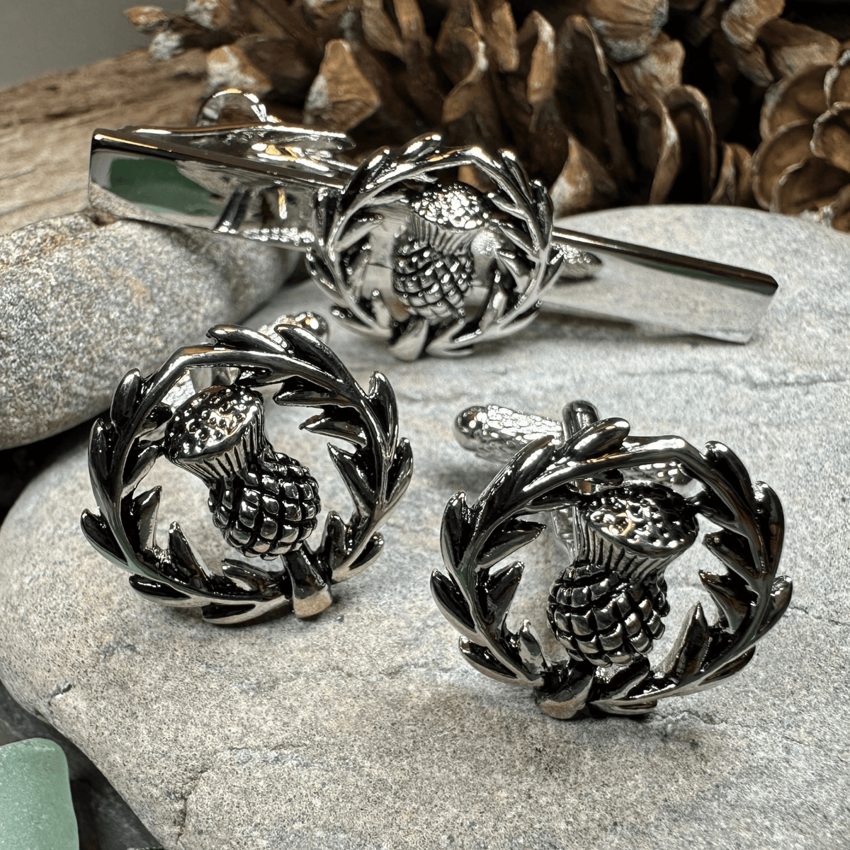 Classic Scottish Thistle Tie Bar & Cufflink Set Tie Bar La Vie Bien Classic Scottish Thistle Tie Bar & Cufflink Set