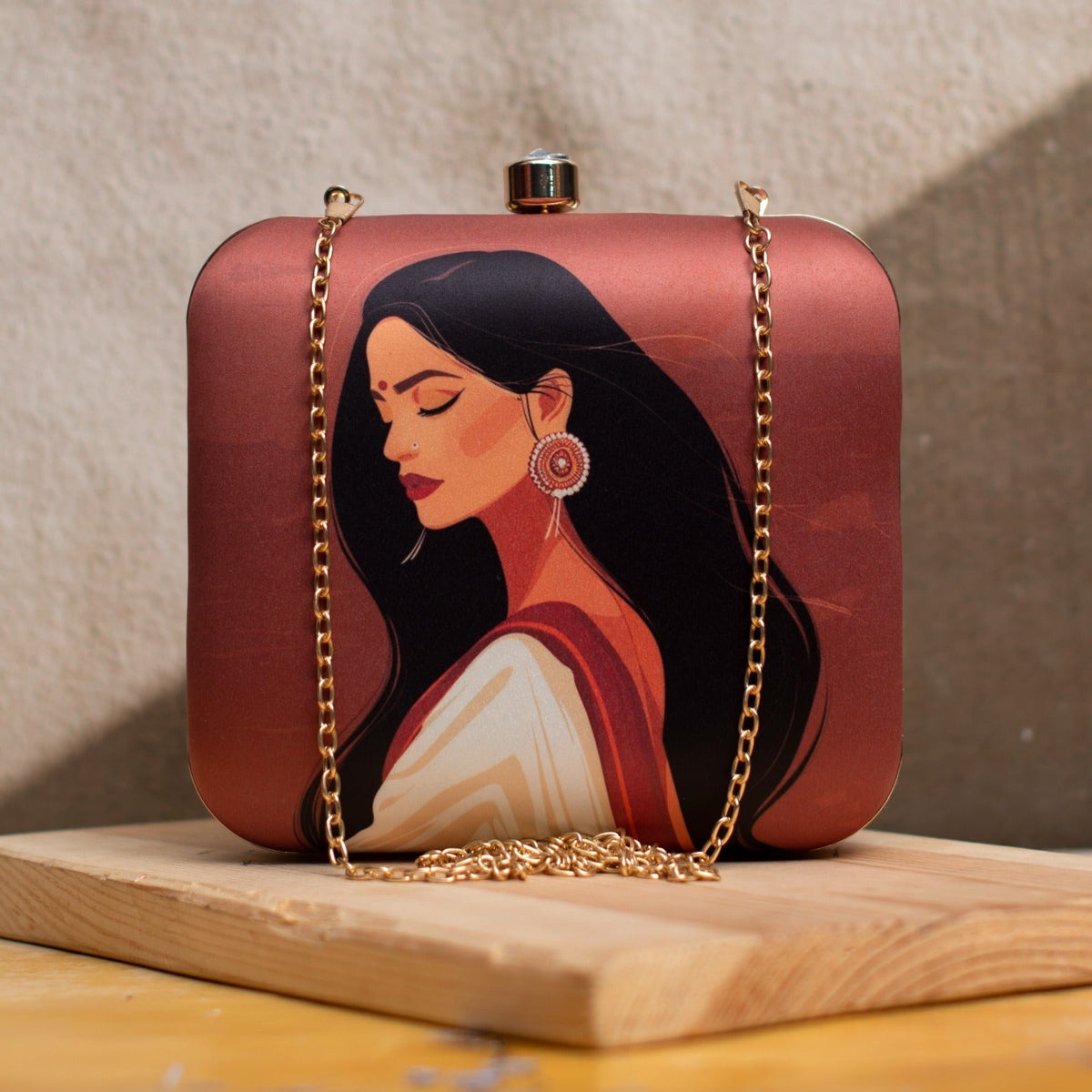 Clutch with Women Portrait in Saree & Long Hair Clutch La Vie Bien Clutch with Women Portrait in Saree & Long Hair