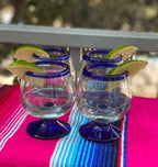 Cobalt Blue Rim Cognac Snifter Tequila Glasses - Set of 4 (7 oz each) by Dos Sueños