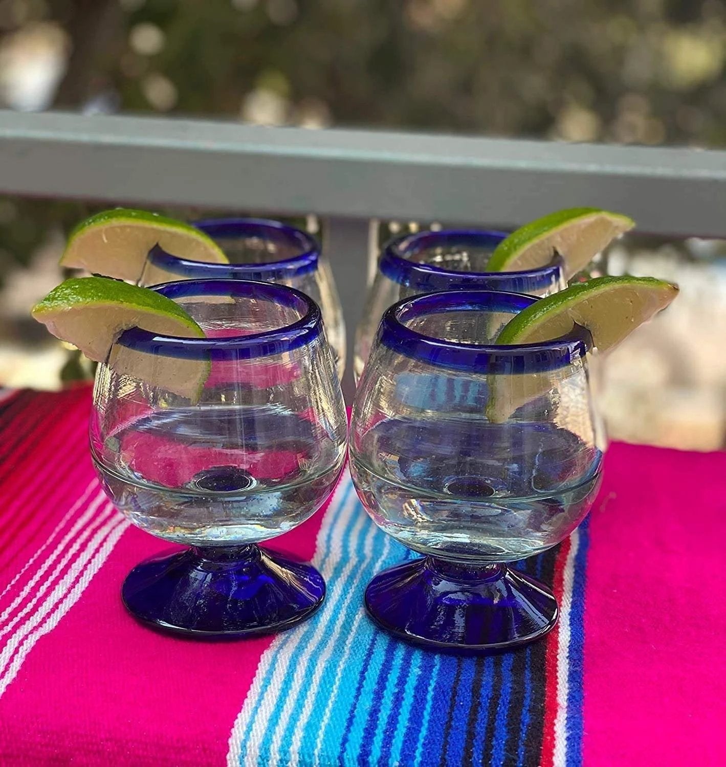 Cobalt Blue Rim Cognac Snifter Tequila Glasses - Set of 4 (7 oz each) by Dos Sueños