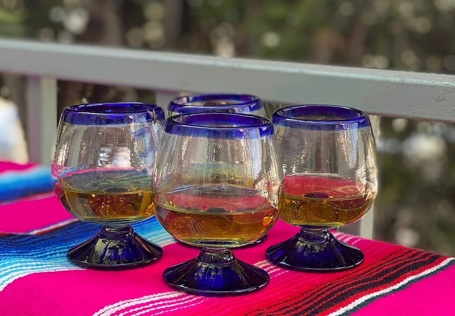 Cobalt Blue Rim Cognac Snifter Tequila Glasses - Set of 4 (7 oz each) by Dos Sueños