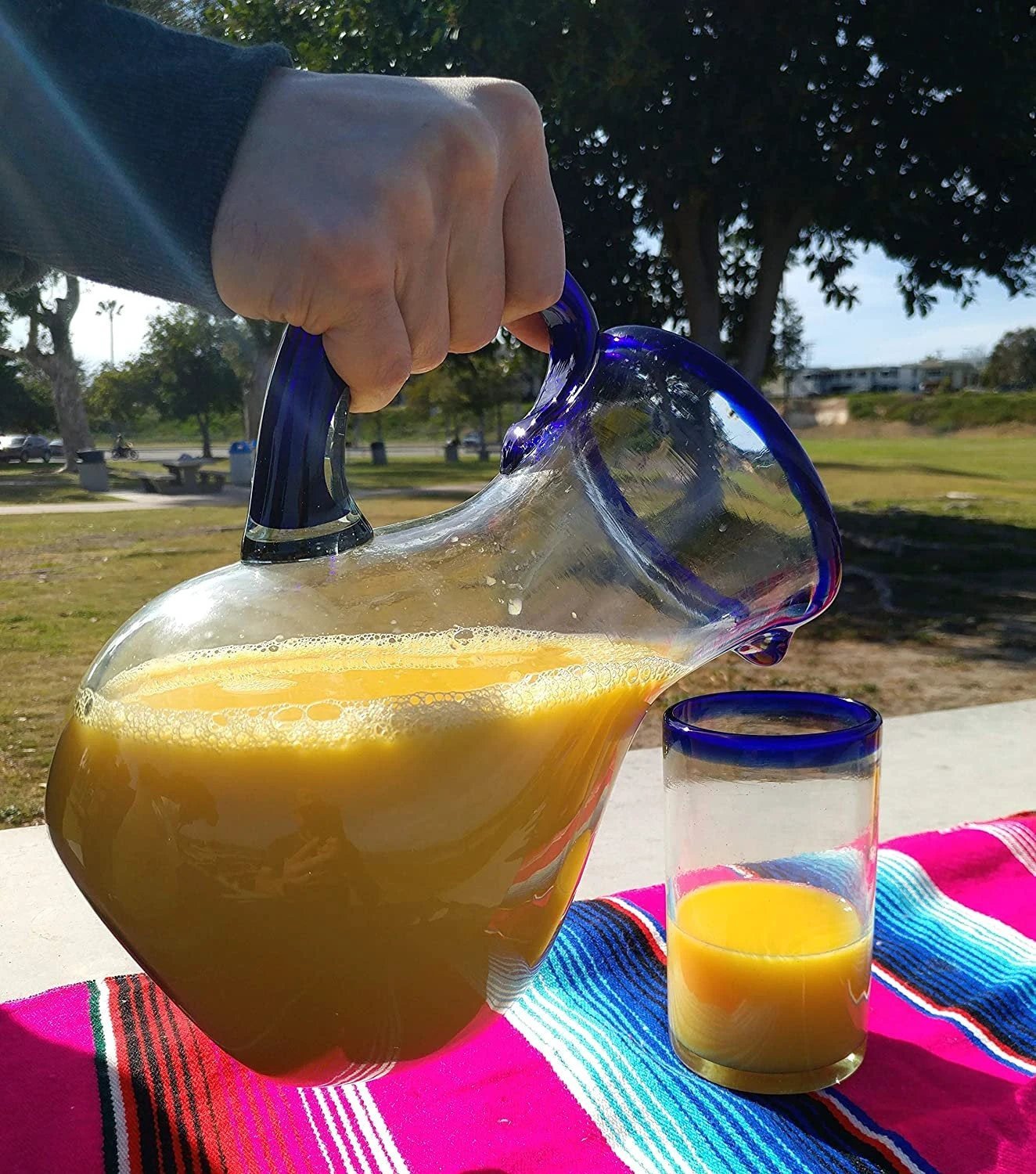 Cobalt Blue Rim & Handle Glass Pitcher – Juice, Margaritas, Water, Lemonade (84 oz) by Dos Sueños