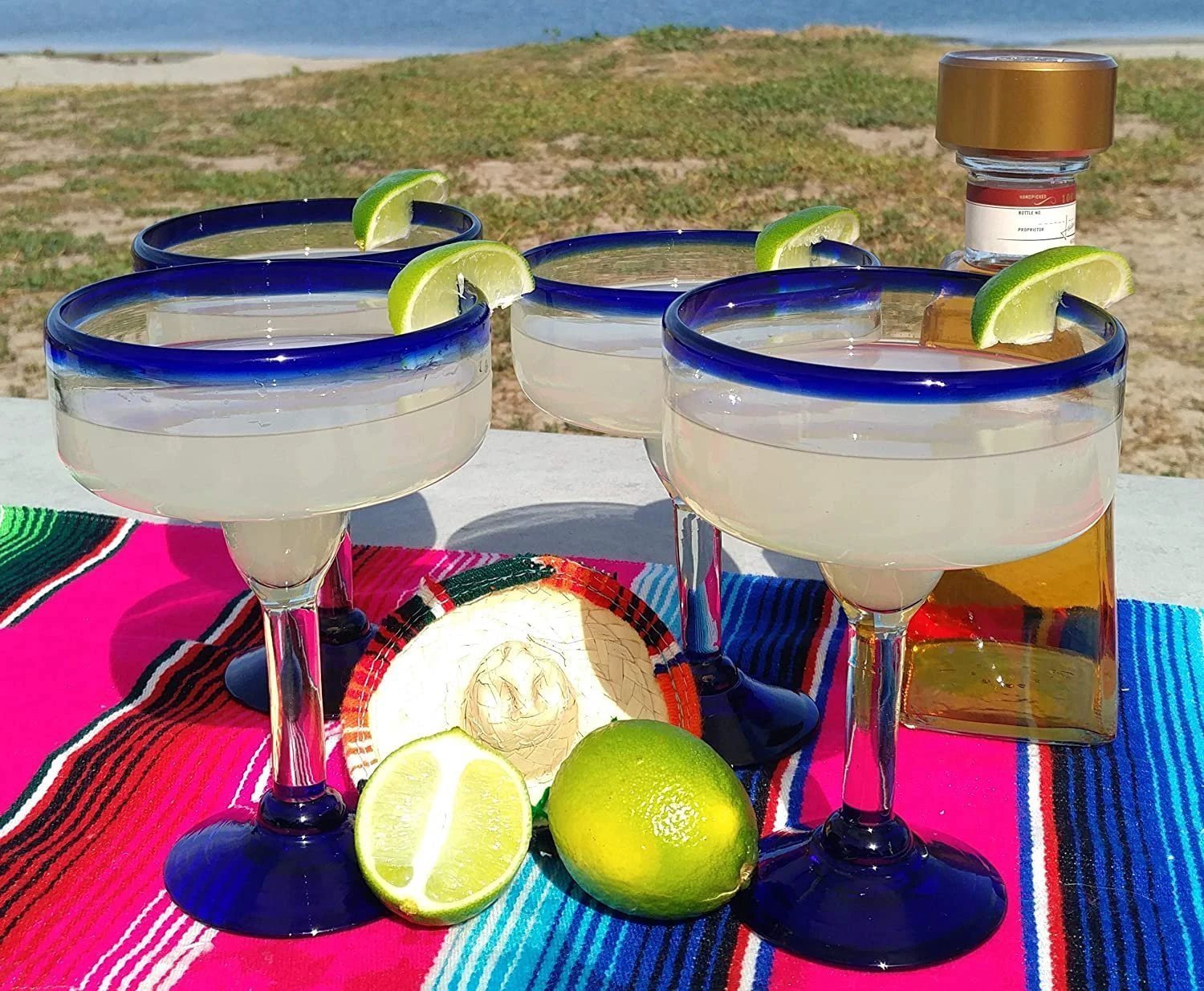 Cobalt Blue Rim Margarita Glasses - Set of 4 (16 oz each) by Dos Sueños