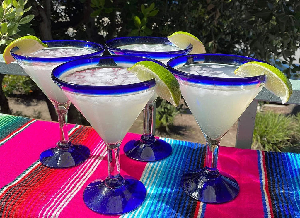 Cobalt Blue Rim Modern Margarita Glasses - Martini Style - Set of 4 (12 oz each) by Dos Sueños
