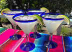 Cobalt Blue Rim Modern Margarita Glasses - Martini Style - Set of 4 (12 oz each) by Dos Sueños