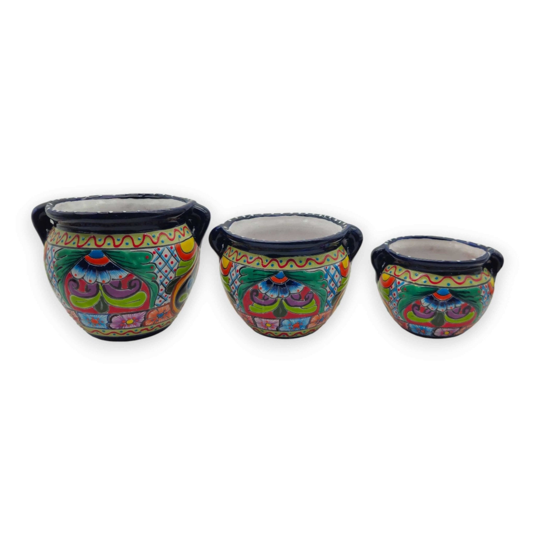 Cobalt Blue Rim Talavera Pot Trio | Small Hand-Painted Planters Talavera Flower Pot La Vie Bien Cobalt Blue Rim Talavera Pot Trio | Small Hand-Painted Planters
